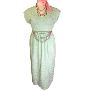 Vintage 70s Floral Lace Maxi Dress Womens Large XL Pastel Mint Green Fairy Boho